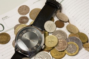 Watch and coins